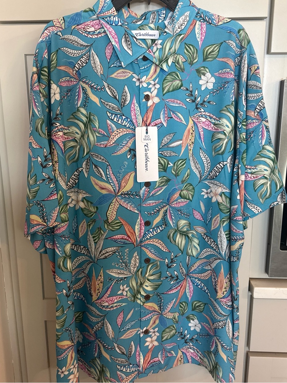 NEW Caribbean Roundtree & Yorke Mens 2XB Aqua Blue Tropical Floral Modal Shirt